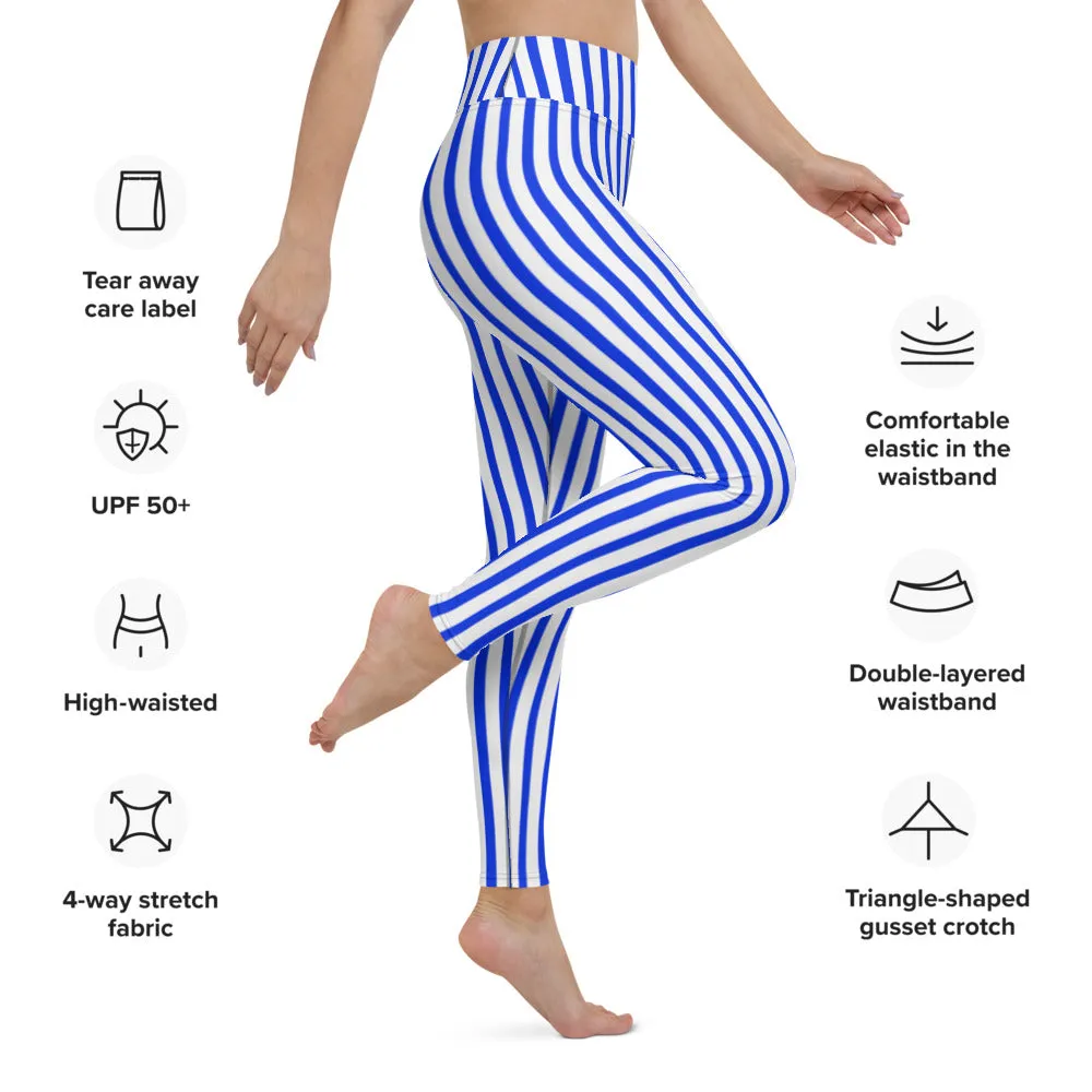 Blue White Striped Yoga Leggings, Vertically Stripes Best Women's Long Tights-Made in USA/EU/MX