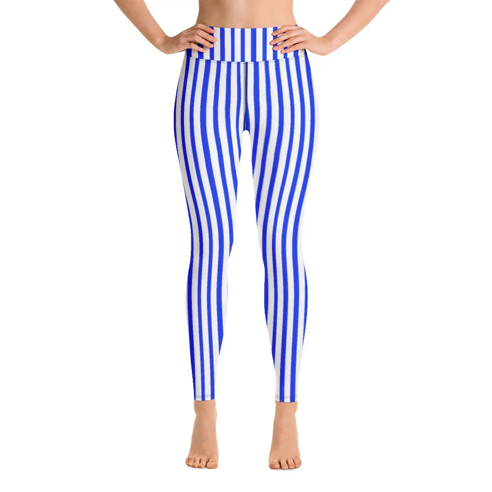 Blue White Striped Yoga Leggings, Vertically Stripes Best Women's Long Tights-Made in USA/EU/MX