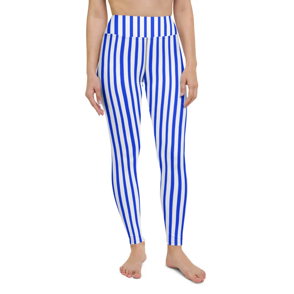 Blue White Striped Yoga Leggings, Vertically Stripes Best Women's Long Tights-Made in USA/EU/MX