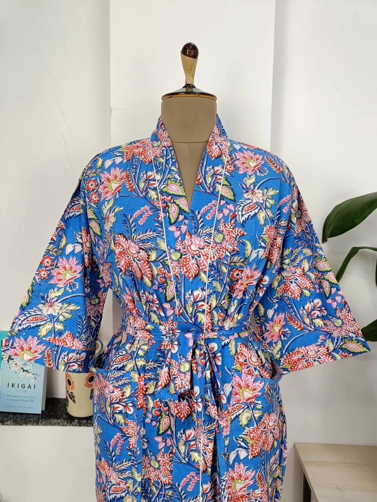 Boho Cotton Kimono House Robe Indian Handprinted Botanical Patter | Lightweight Summer Luxury Beach Holidays Yacht Cover Up Stunning Dress