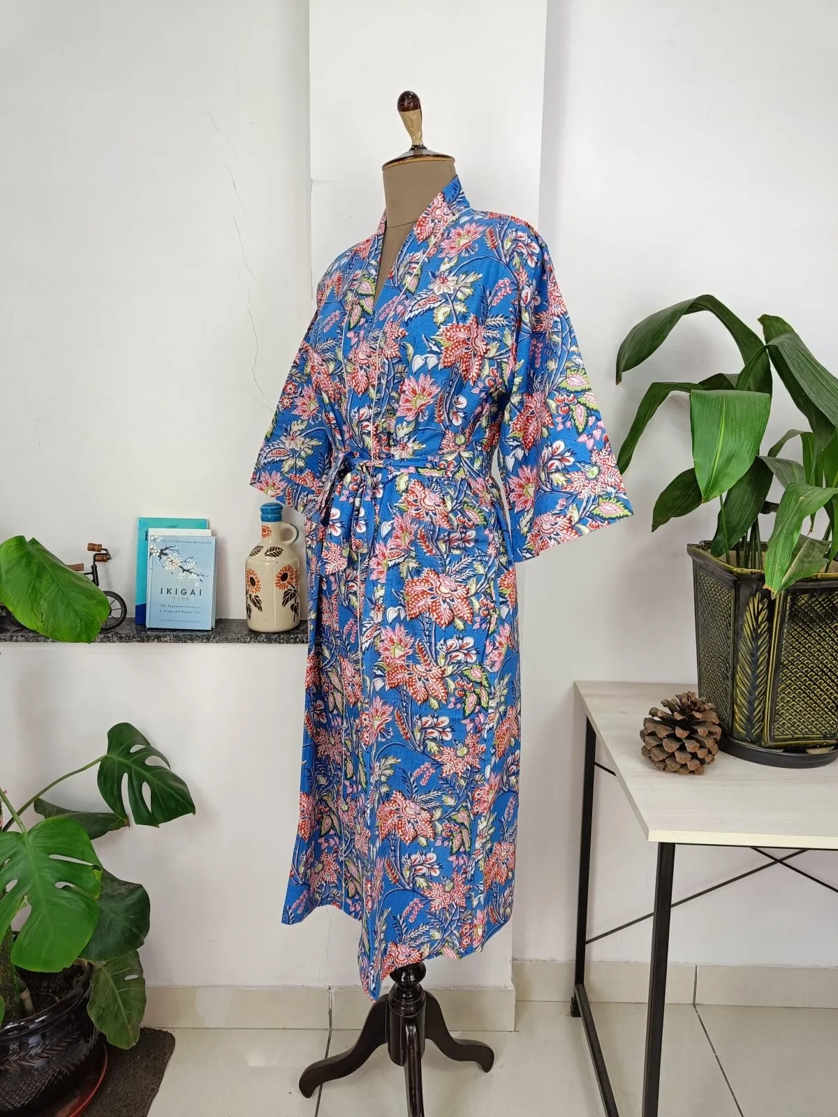 Boho Cotton Kimono House Robe Indian Handprinted Botanical Patter | Lightweight Summer Luxury Beach Holidays Yacht Cover Up Stunning Dress