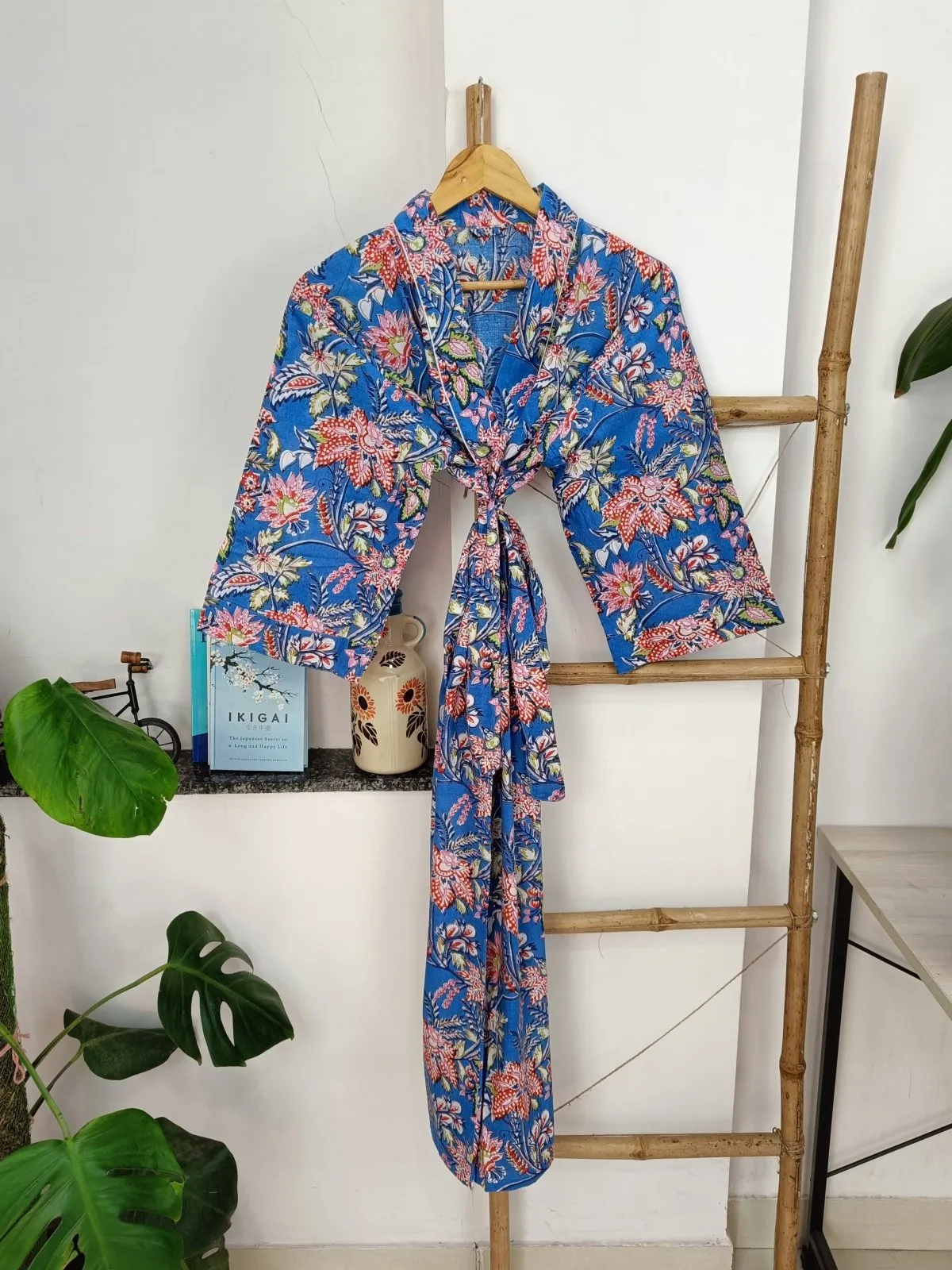 Boho Cotton Kimono House Robe Indian Handprinted Botanical Patter | Lightweight Summer Luxury Beach Holidays Yacht Cover Up Stunning Dress