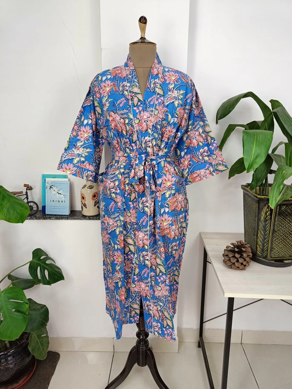 Boho Cotton Kimono House Robe Indian Handprinted Botanical Patter | Lightweight Summer Luxury Beach Holidays Yacht Cover Up Stunning Dress