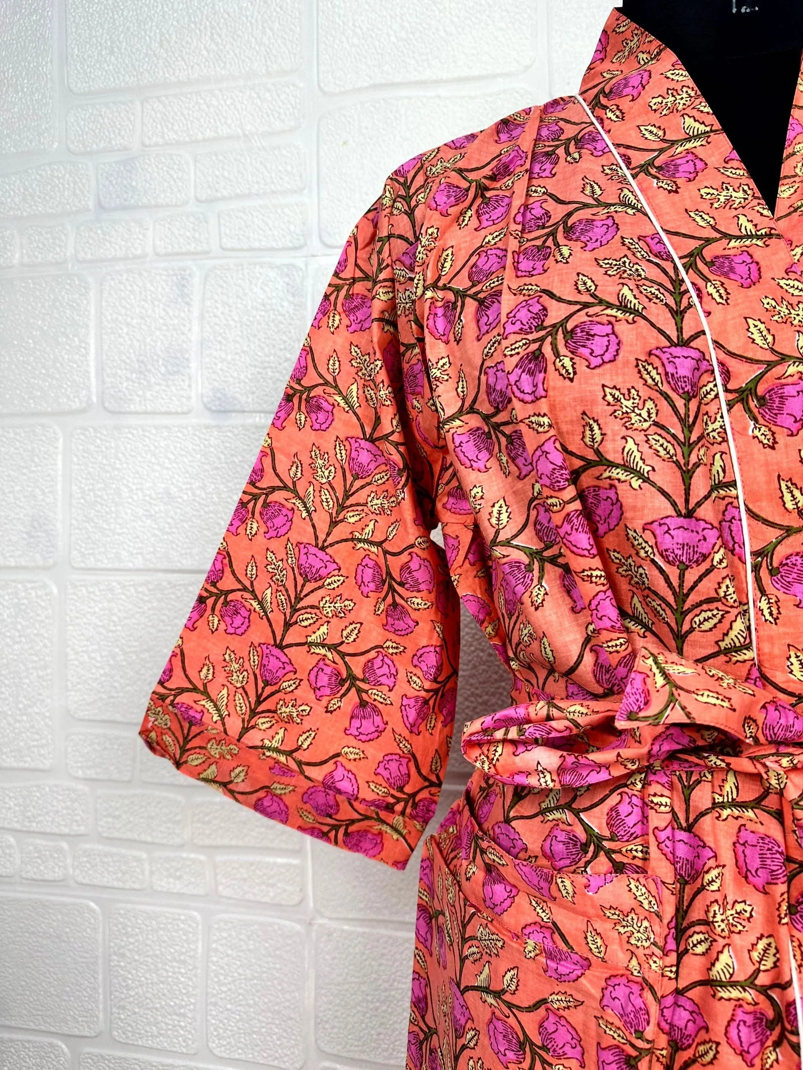 Boho Cotton Kimono House Robe Indian Handprinted Butterfly Floral Print Pattern | Lightweight Summer Luxury Beach Holidays Yacht Cover Up Stunning Dress