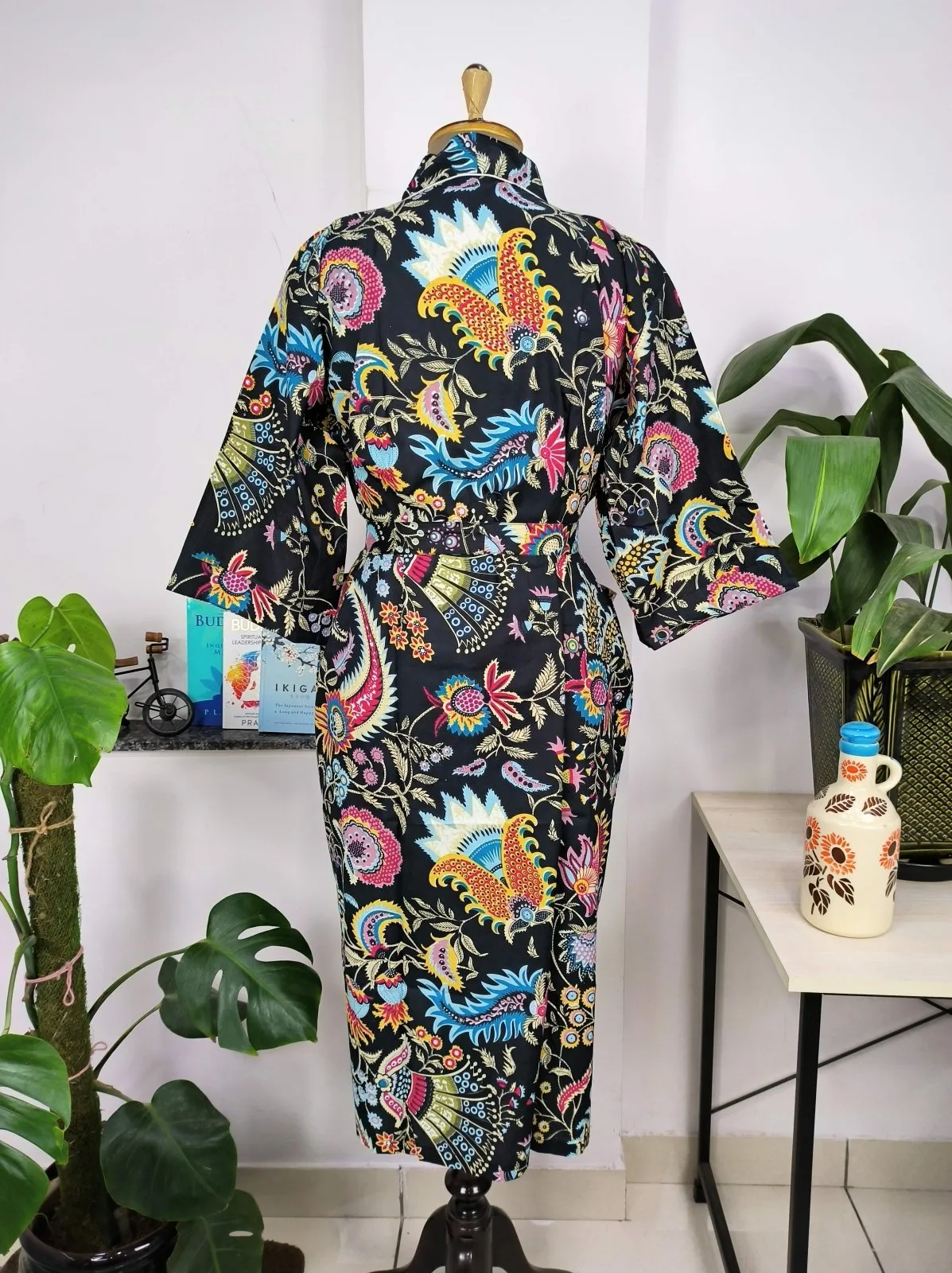 Boho Cotton Kimono House Robe Indian Handprinted Pink Night Jungle Theme | Lightweight Summer Luxury Beach Holiday Cover Up Stunning Dress