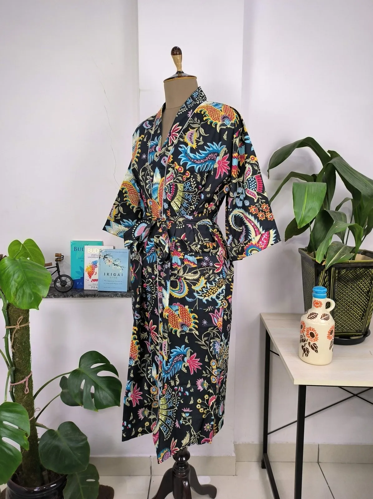 Boho Cotton Kimono House Robe Indian Handprinted Pink Night Jungle Theme | Lightweight Summer Luxury Beach Holiday Cover Up Stunning Dress