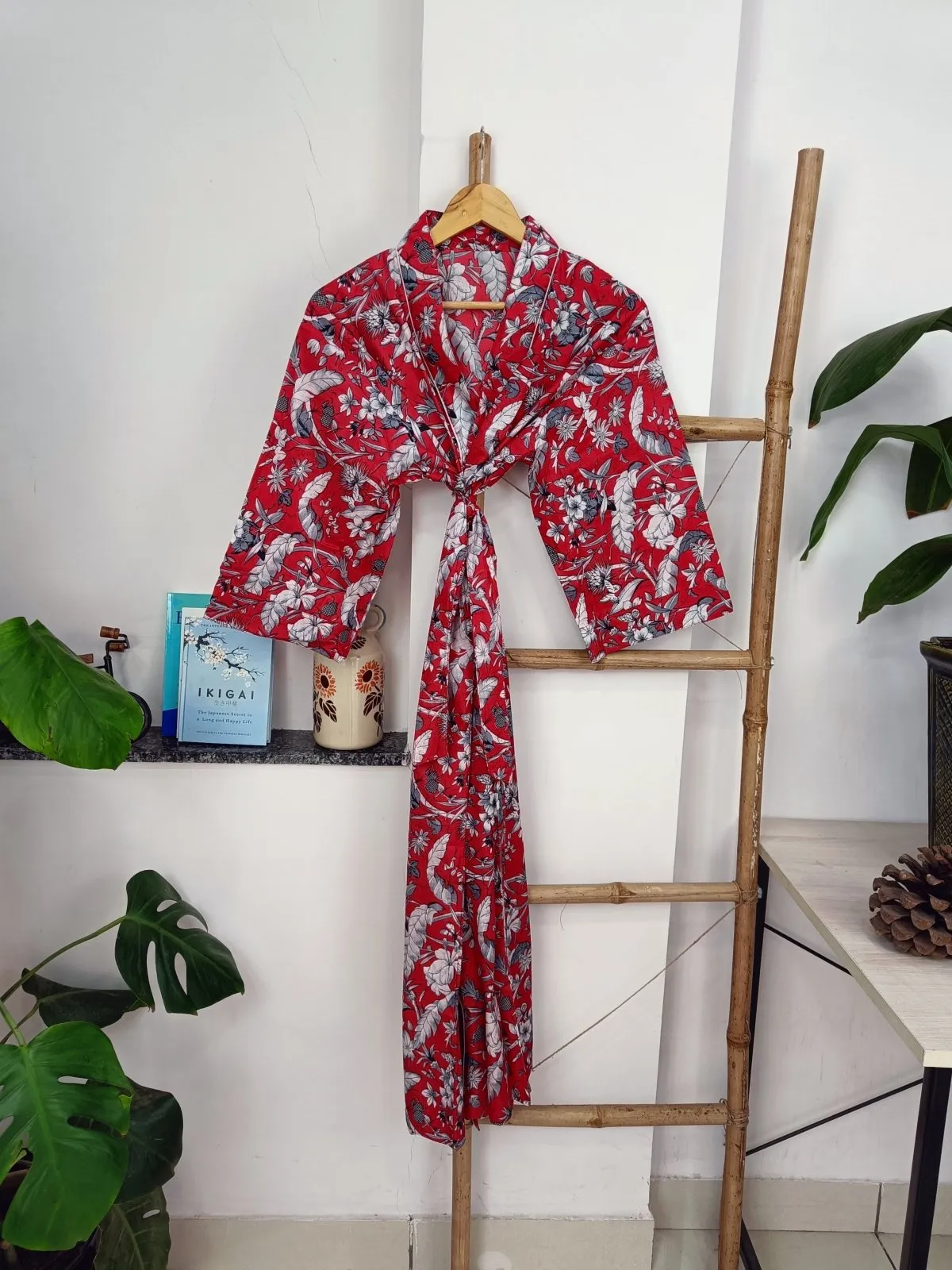 Boho Cotton Kimono House Robe Indian Handprinted Red Wild Floral Chic | Lightweight Summer Luxury Beach Holiday Cover Up Stunning Bride Dres