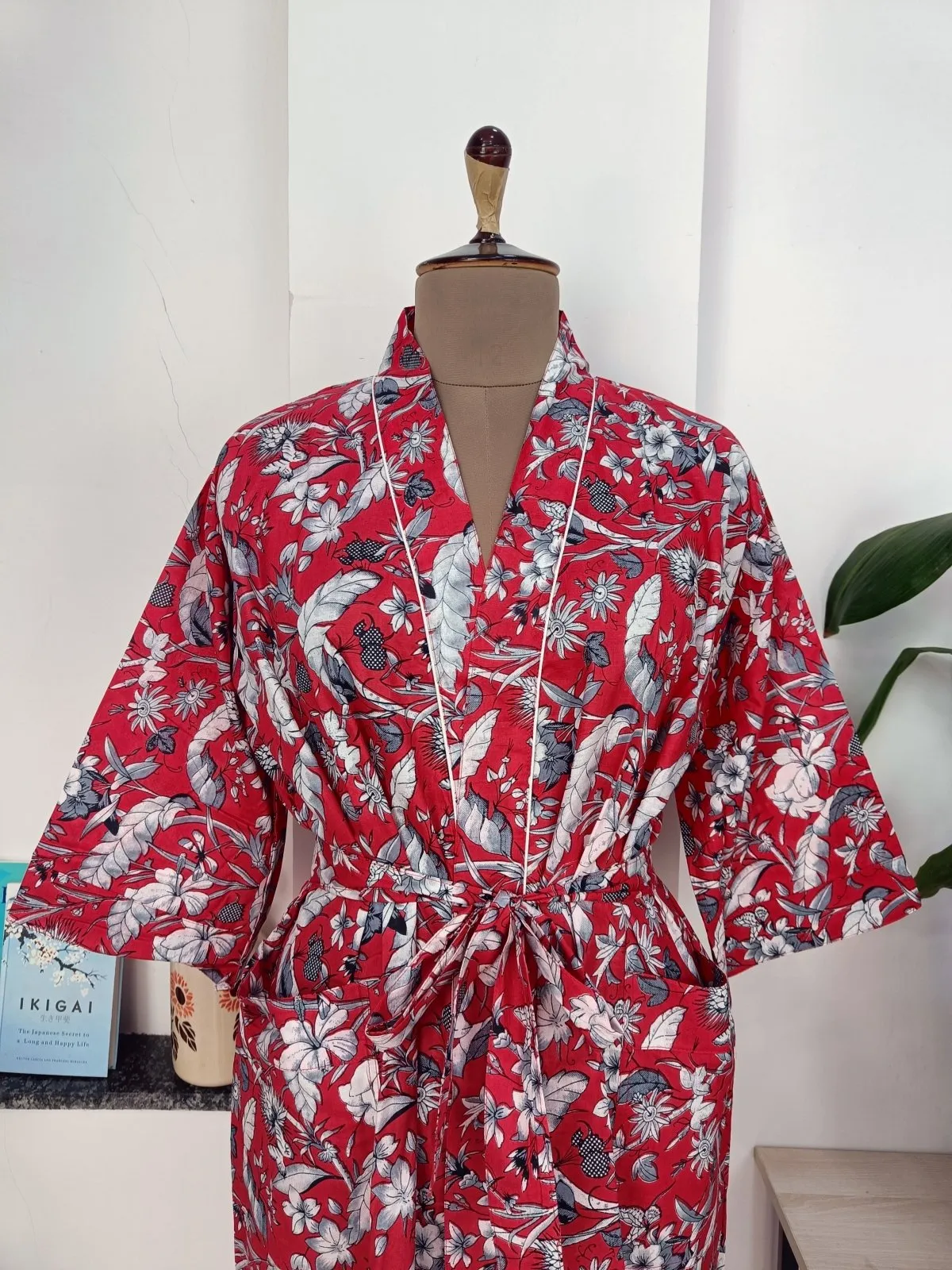 Boho Cotton Kimono House Robe Indian Handprinted Red Wild Floral Chic | Lightweight Summer Luxury Beach Holiday Cover Up Stunning Bride Dres