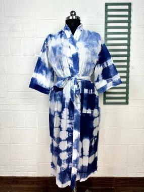 Boho Cotton Kimono House Robe Indian Handprinted Tie Dye Print Pattern | Lightweight Summer Luxury Beach Holidays Yacht Cover Up Stunning Dress