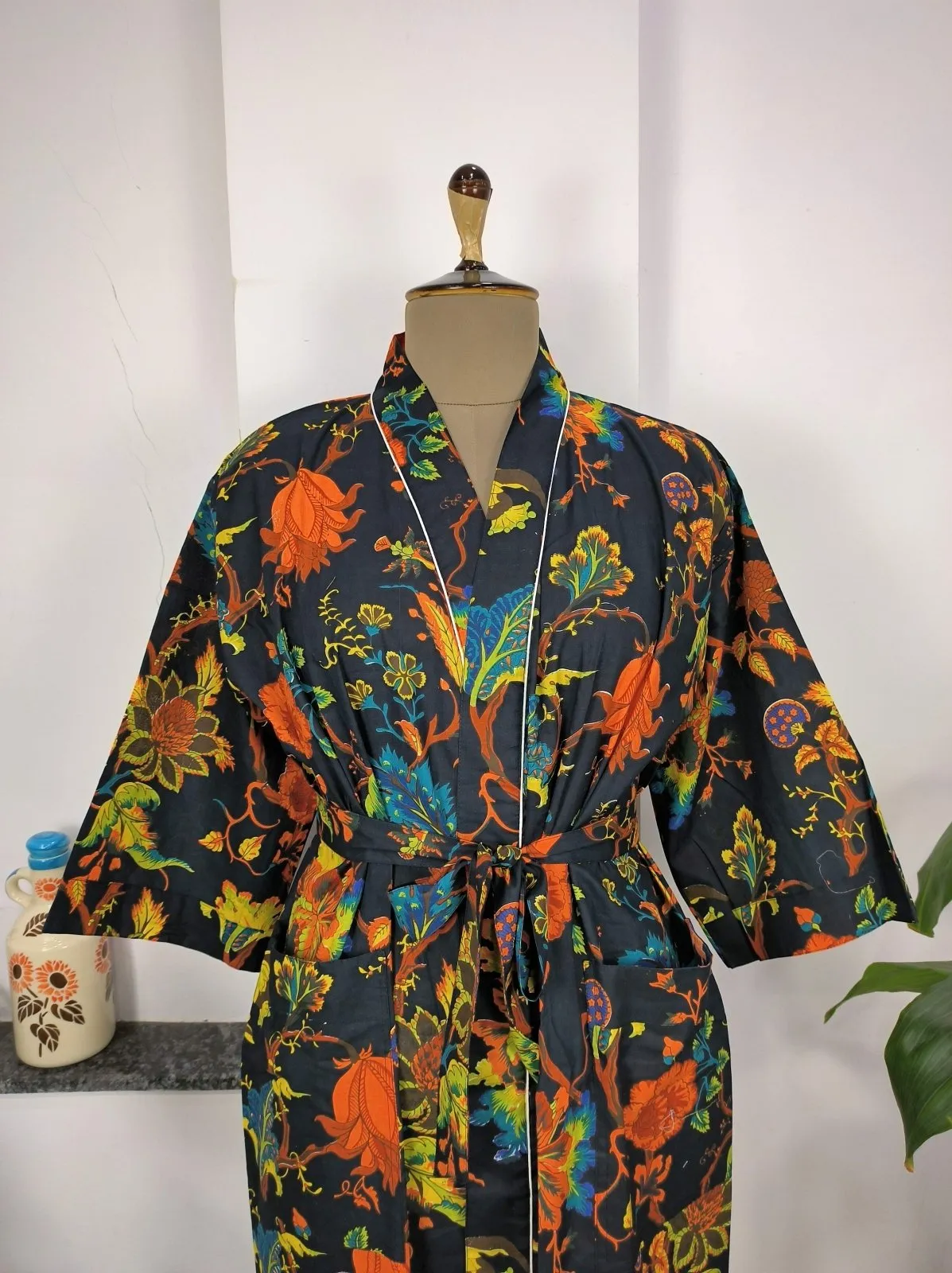 Boho House Robe Indian Handprinted Cotton Kimono Botanical Patter | Perfect for Summer Luxury Beach Holidays Yacht Cover Up Stunning Dress