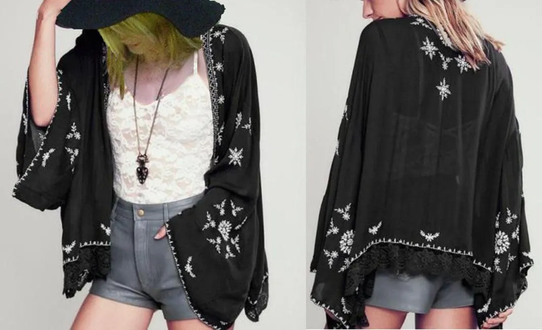 Boho Kimono Black With White Embroidery Lace Hem For Free Spirited People Size Small Medium Or Large