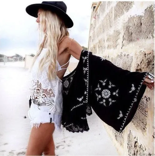 Boho Kimono Black With White Embroidery Lace Hem For Free Spirited People Size Small Medium Or Large