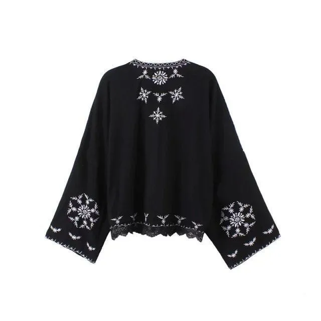 Boho Kimono Black With White Embroidery Lace Hem For Free Spirited People Size Small Medium Or Large