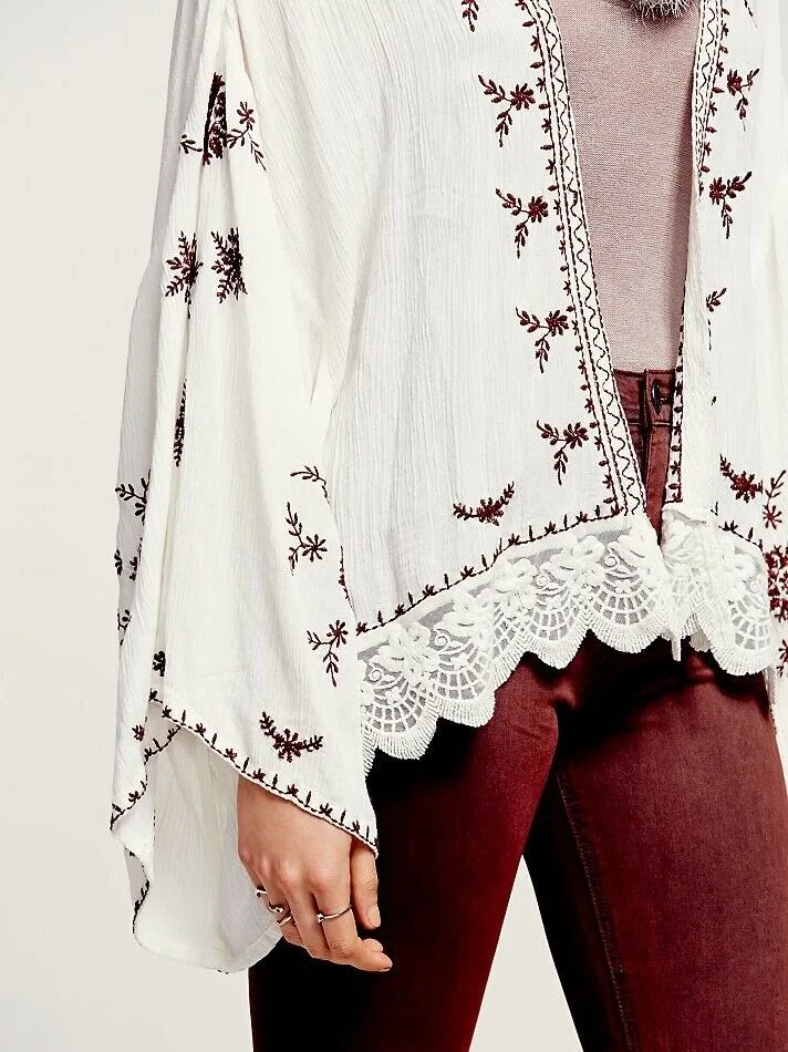 Boho Kimono Black With White Embroidery Or White With Red Embroidery Or White With Black Embroidery You Choose Lace Hem For Free Spirited People One Size