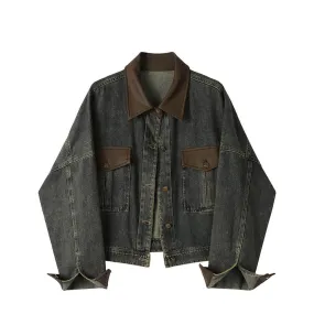 Brown Leather Rust Cowboy Grunge Denim Jean Jacket