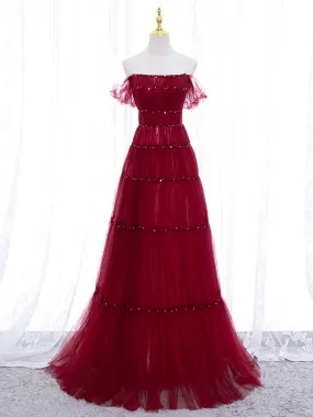 Burgundy Off Shoulder Long Prom Dress, Burgundy Formal Dress with Beading Sequin