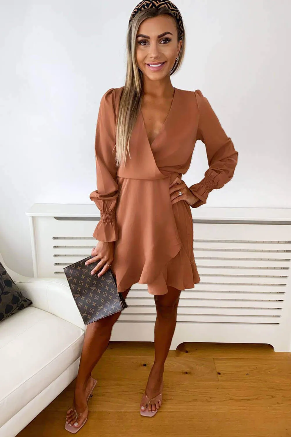 Camel Wrap Frill Hem Dress