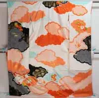 Cloudy Shibori Embroidered Silk Furisode - Black Orange Red Baby Blue Chrysanthemum Sakura Unique