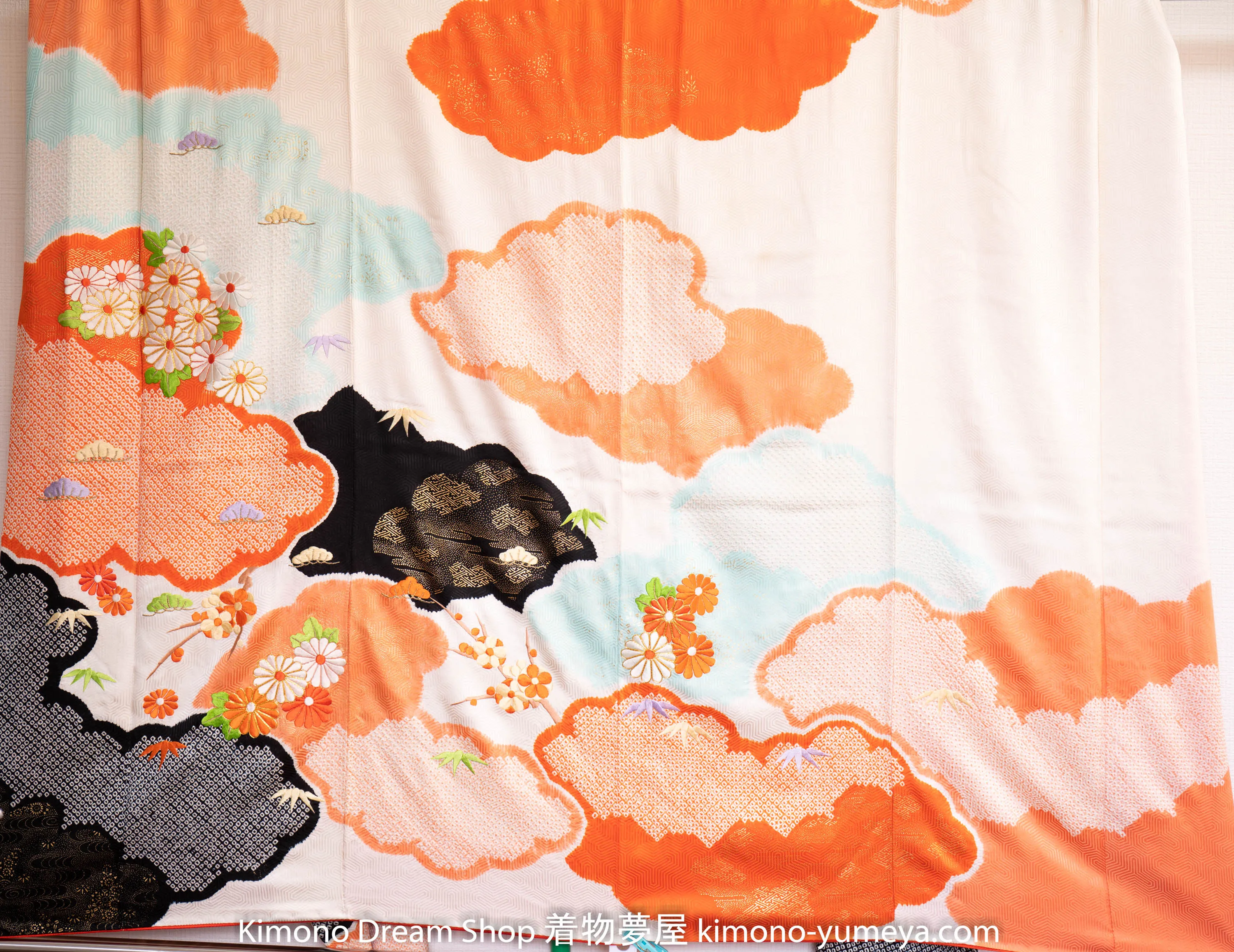 Cloudy Shibori Embroidered Silk Furisode - Black Orange Red Baby Blue Chrysanthemum Sakura Unique