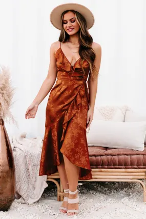 Cocktails & Confidence High-Low Ruffled Wrap Dress (Rust)