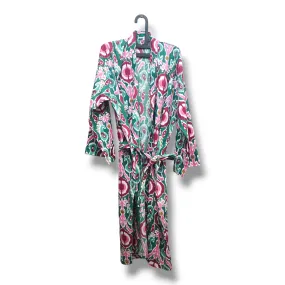 Cotton Hand Printed Kimono Robe Pink and Green Ekat