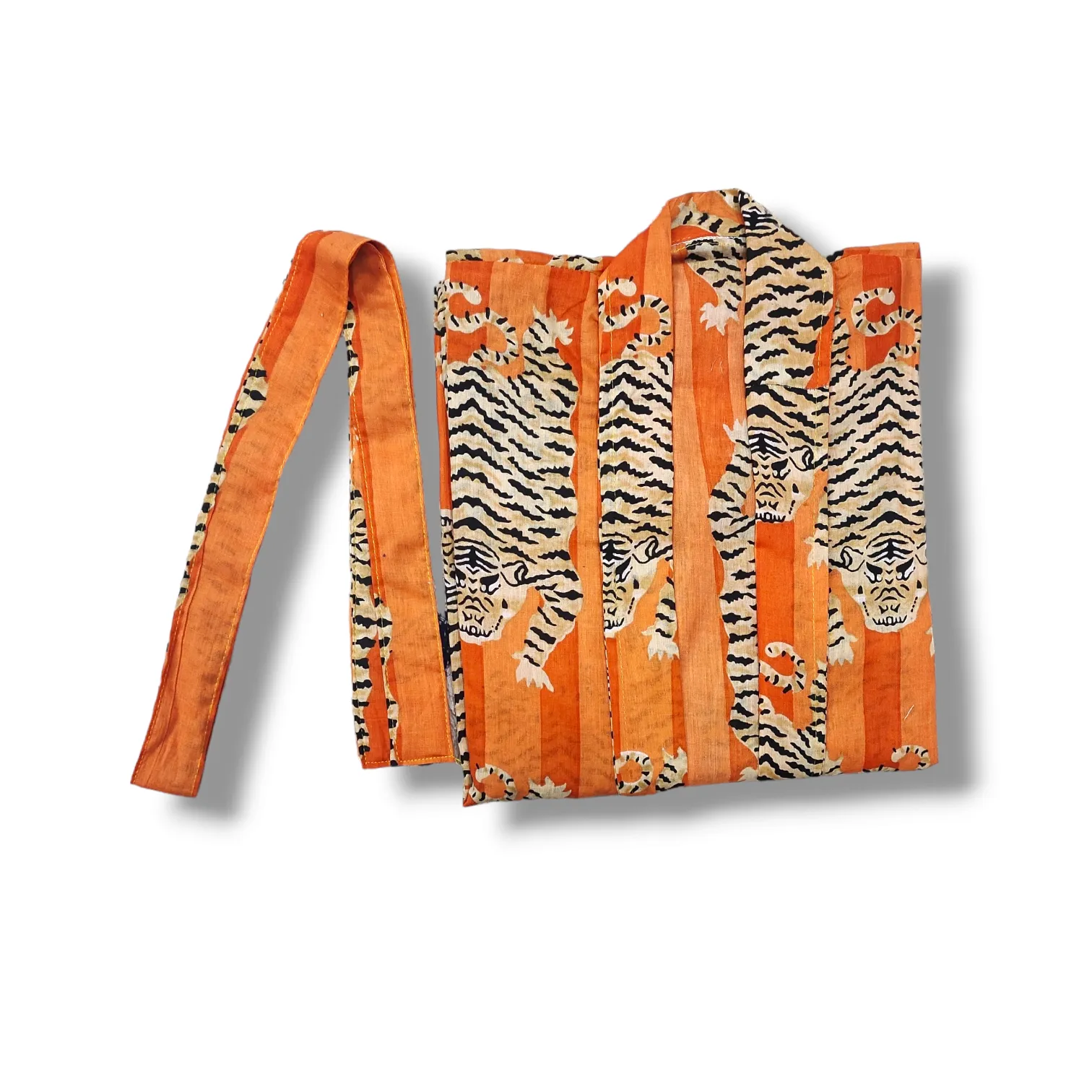 Cotton Hand Printed Kimono Robe Tiger Stripes Orange