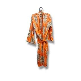 Cotton Hand Printed Kimono Robe Tiger Stripes Orange