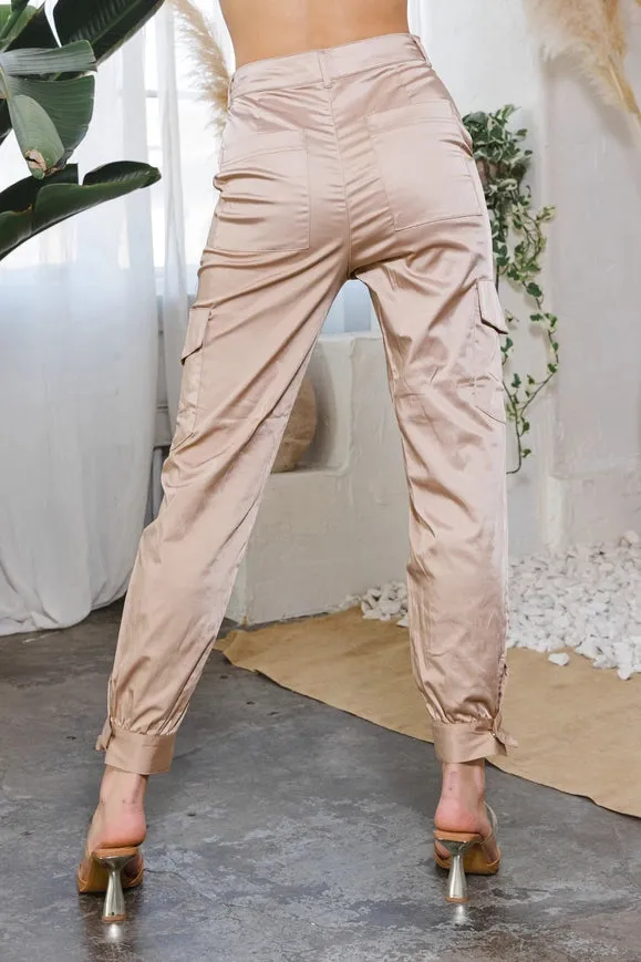 Cotton Satin Cargo Pants High Waisted Khaki