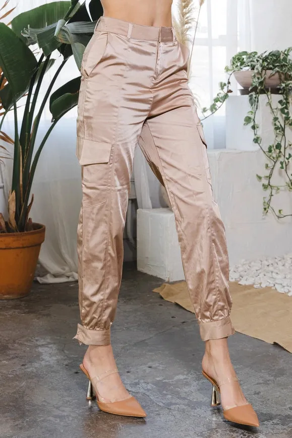 Cotton Satin Cargo Pants High Waisted Khaki