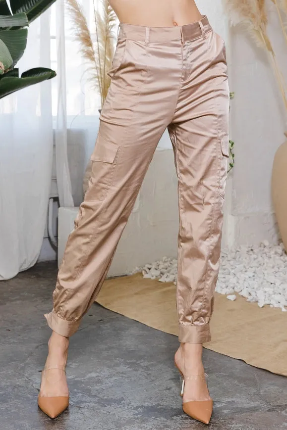 Cotton Satin Cargo Pants High Waisted Khaki