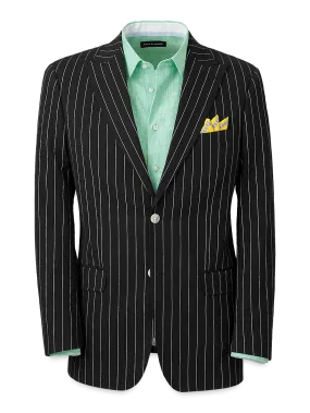 Cotton Stretch Seersucker Pinstripe Peak Lapel Suit Jacket - Black