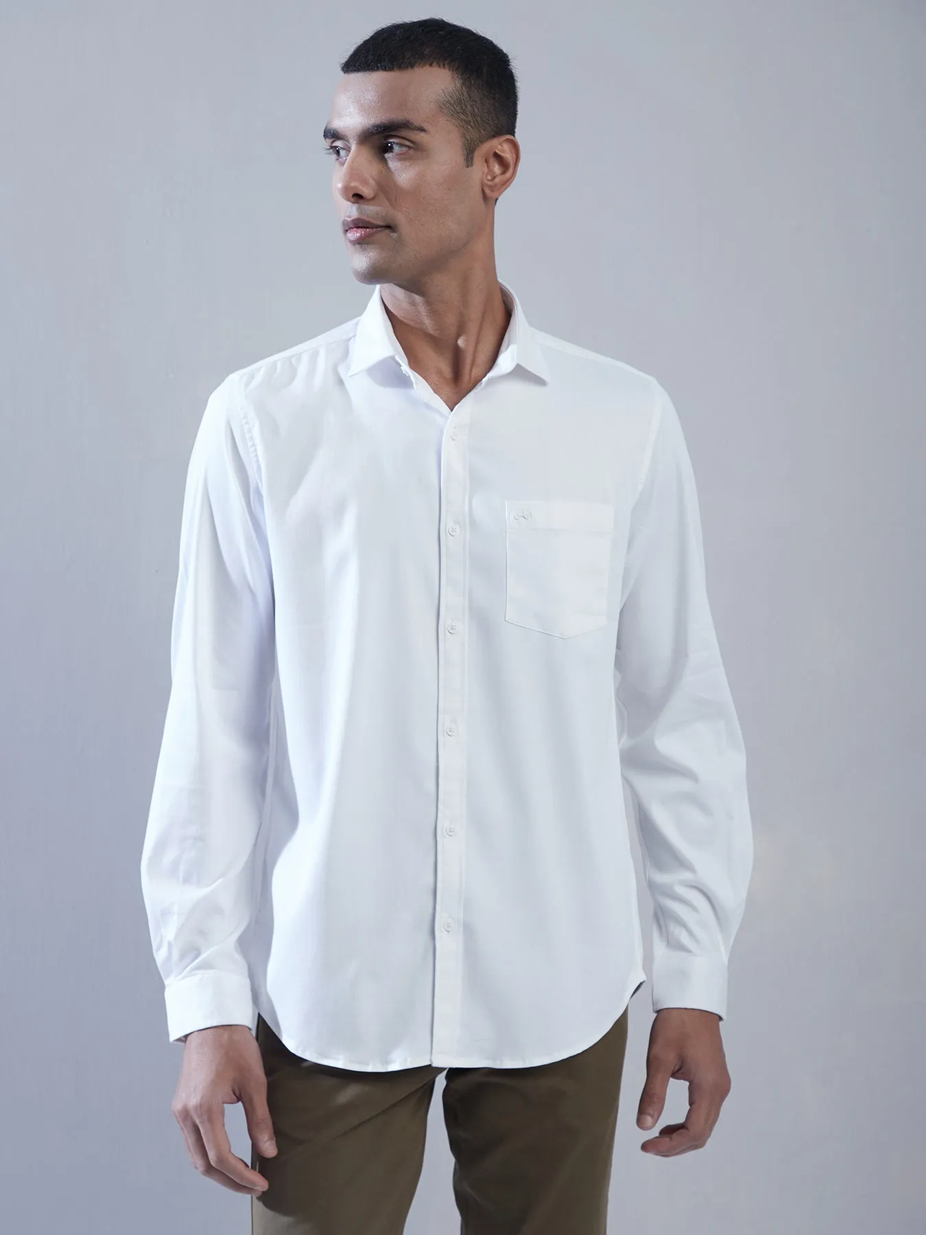 Cotton Stretch White Plain Slim Fit Full Sleeve Casual Shirt