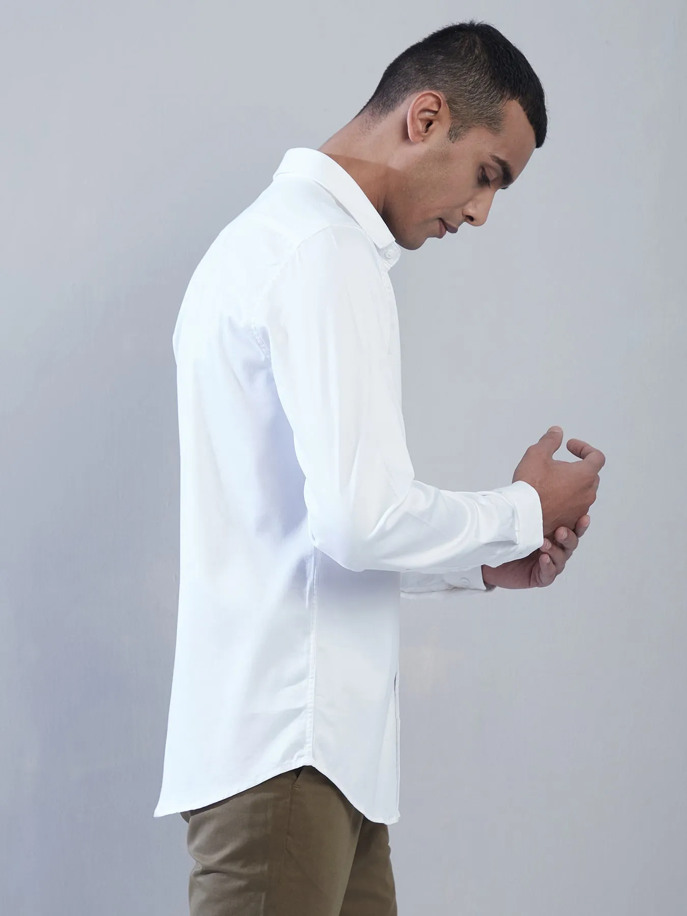 Cotton Stretch White Plain Slim Fit Full Sleeve Casual Shirt