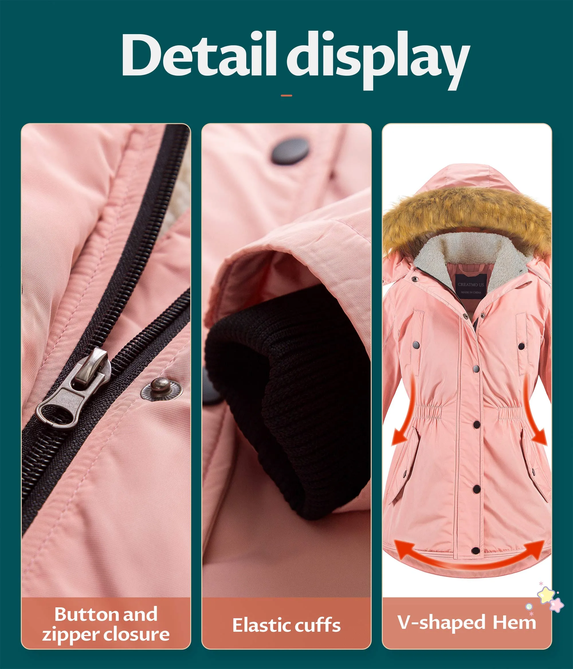 CREATMO US Girl's Winter Parka Coat Puffer Jacket Padded Overcoat With Fur Hood Pink 14/16