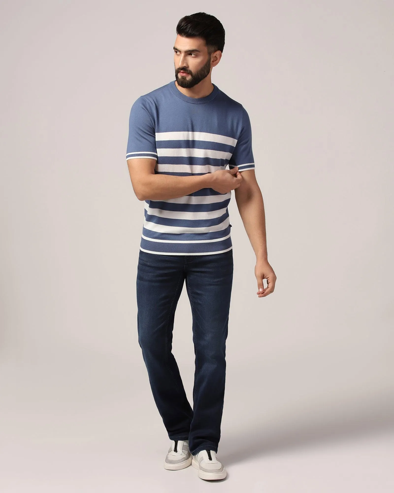 Crew Neck Powder Blue Stripe T-Shirt - Rew