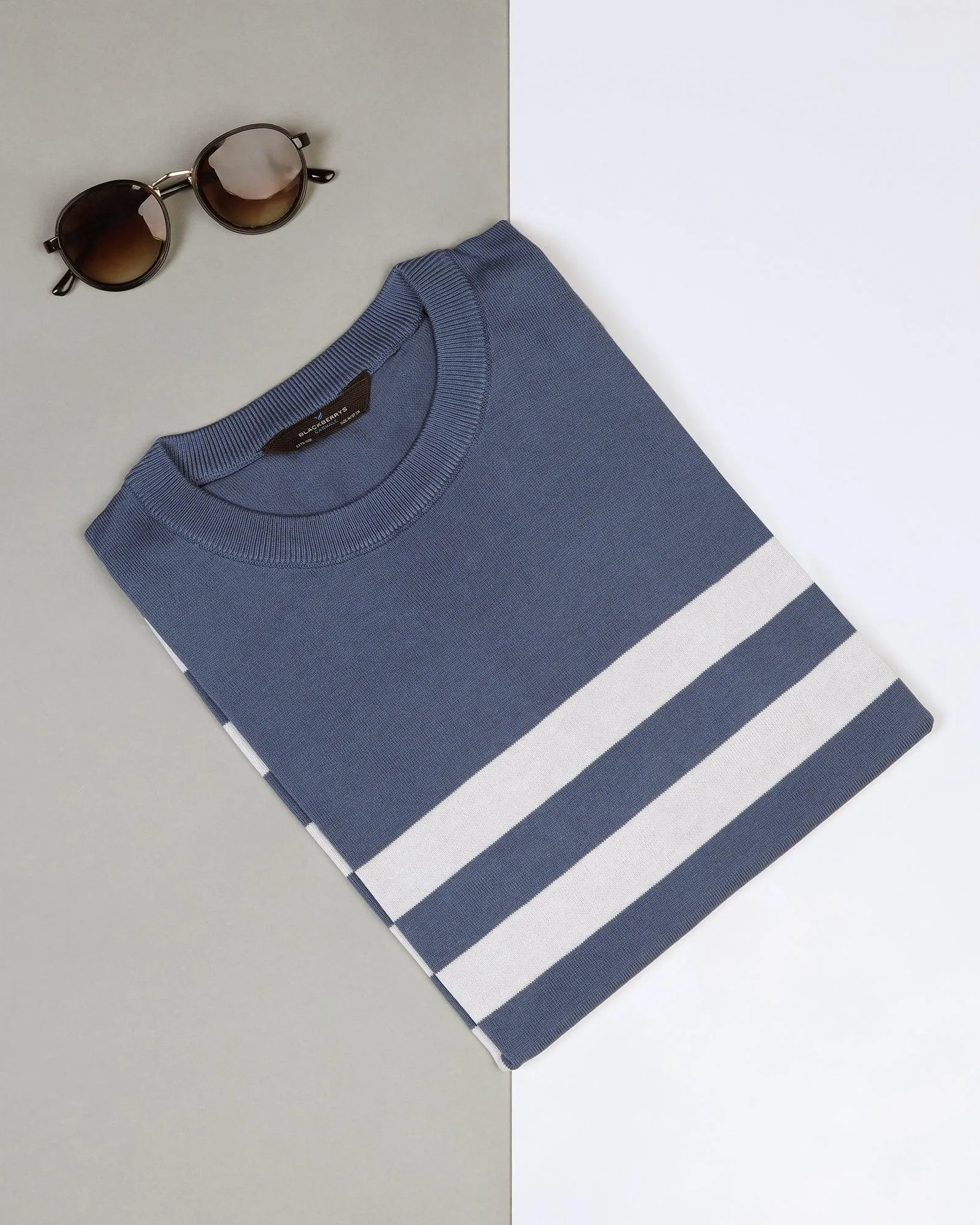 Crew Neck Powder Blue Stripe T-Shirt - Rew