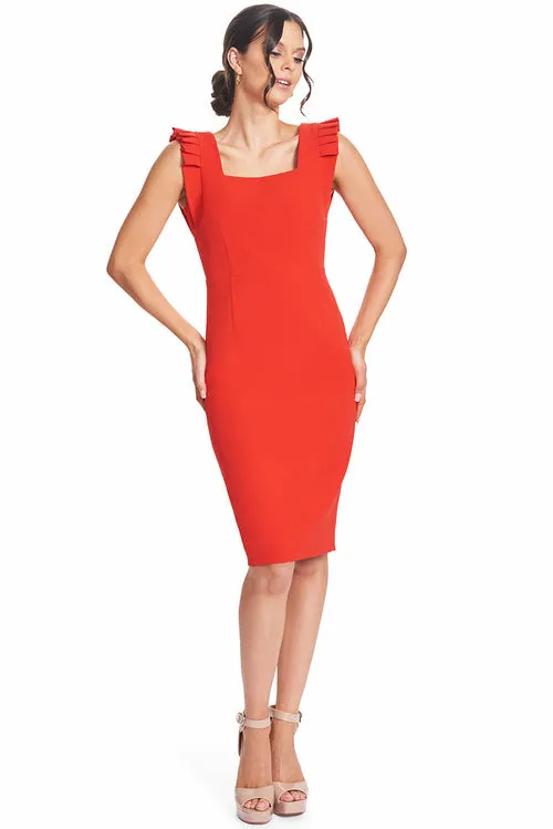 Crimson Elegance - Midi Dress with Square Neck and Pleated Shoulders