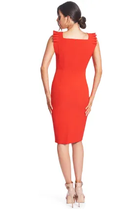 Crimson Elegance - Midi Dress with Square Neck and Pleated Shoulders