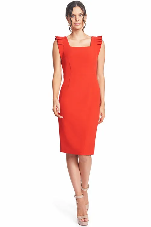 Crimson Elegance - Midi Dress with Square Neck and Pleated Shoulders