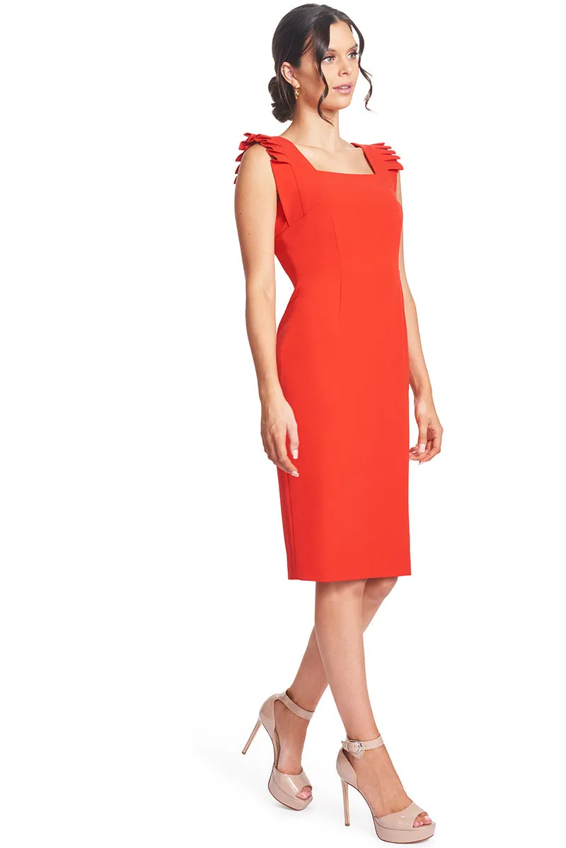 Crimson Elegance - Midi Dress with Square Neck and Pleated Shoulders