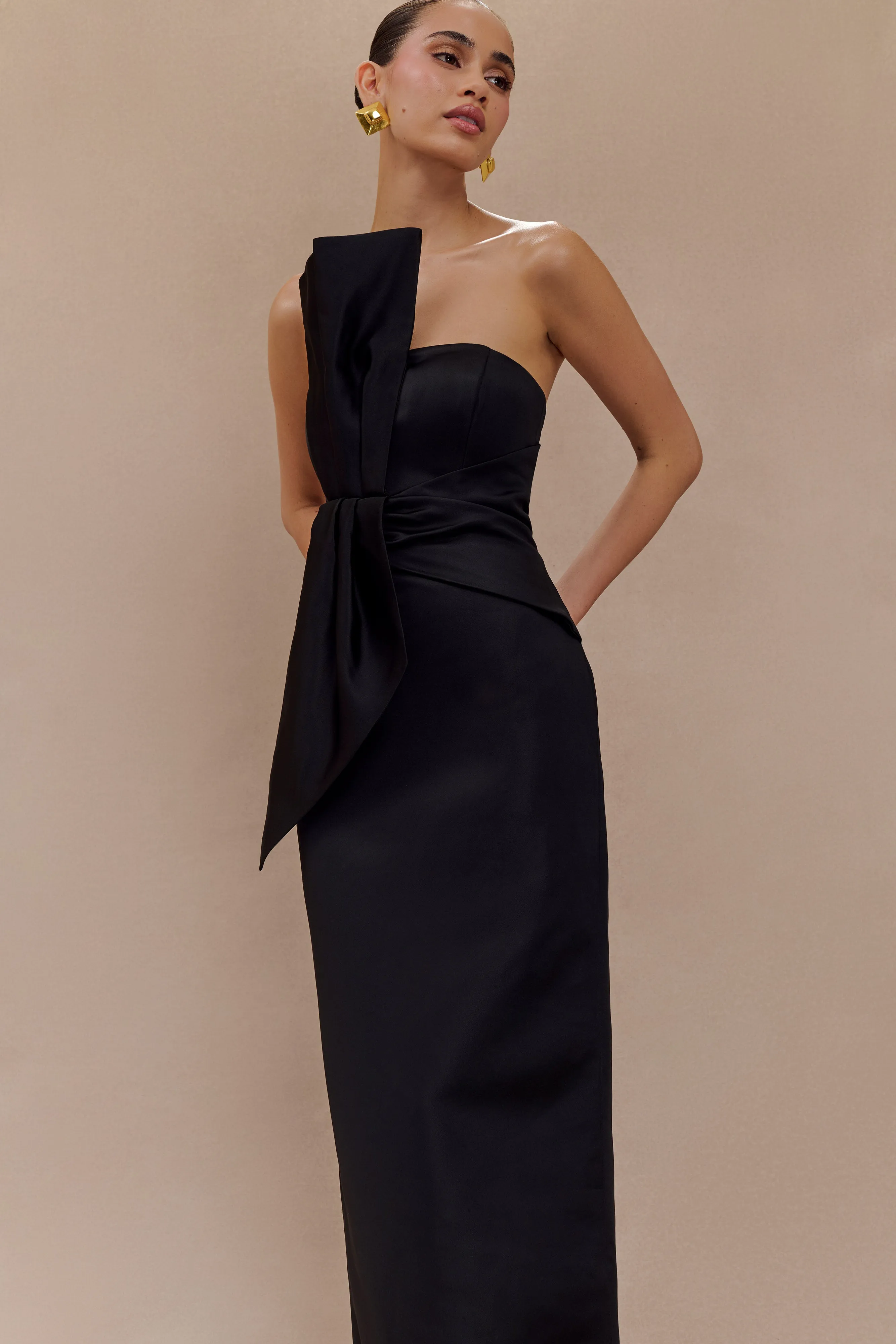 Cyrill Strapless Satin Structured Maxi Dress - Black