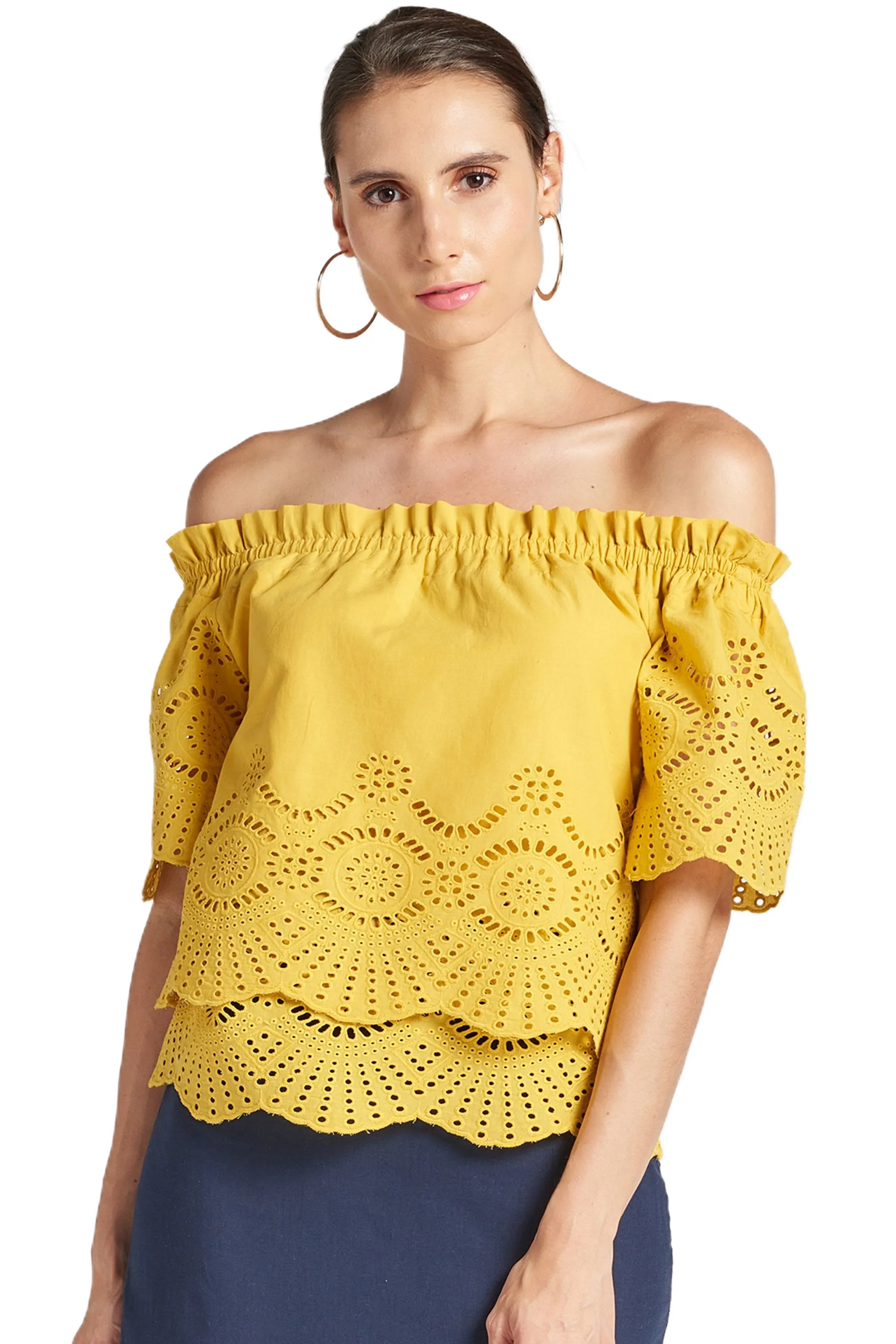 Daisy Top - Double layer off the shoulder cotton eyelet top with