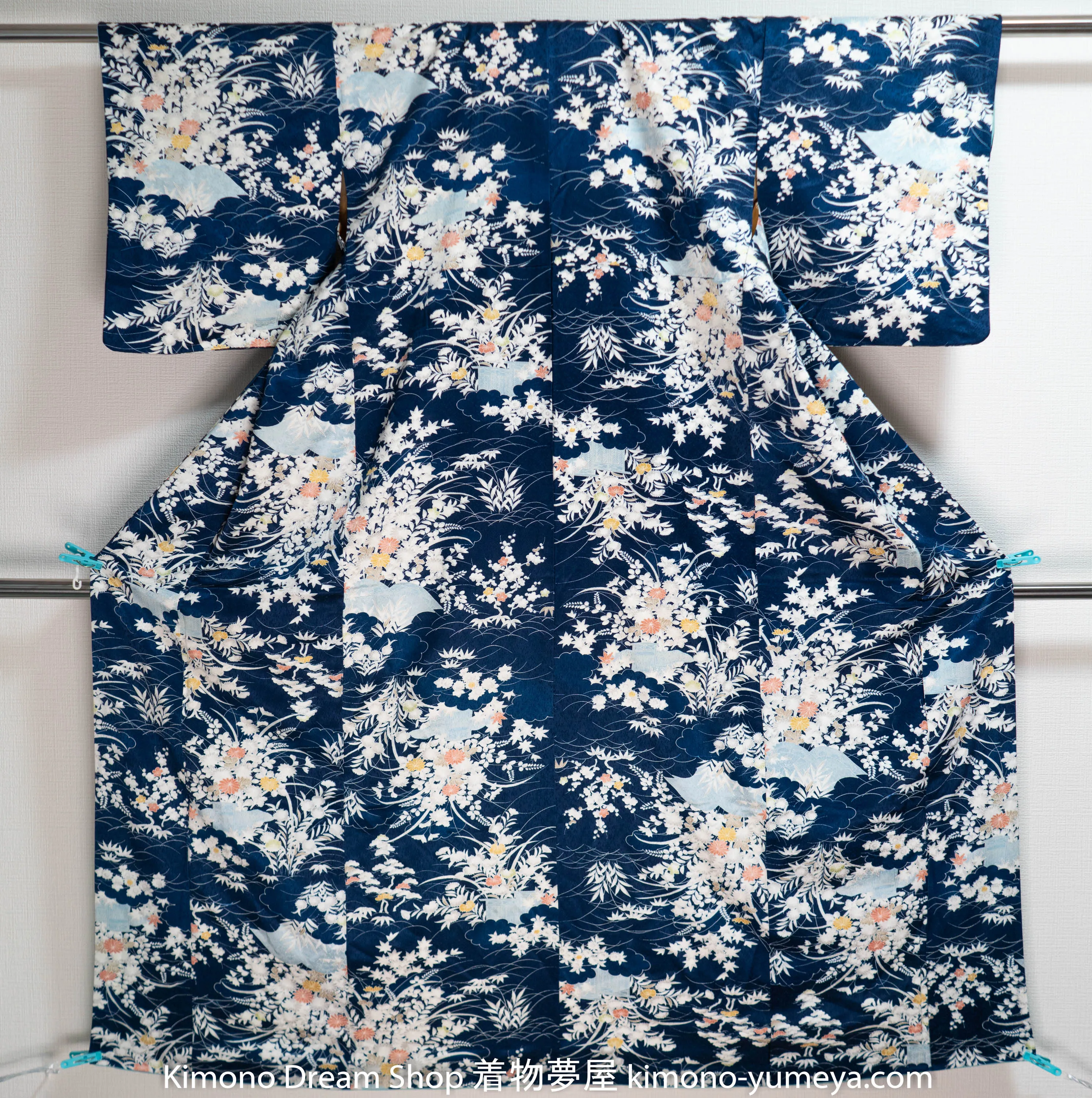 Dark Blue Light Patterns Silk Kimono Genuine Japanese Vintage Chrysanthemums Kiku Bellflowers Kikyo