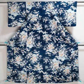 Dark Blue Light Patterns Silk Kimono Genuine Japanese Vintage Chrysanthemums Kiku Bellflowers Kikyo