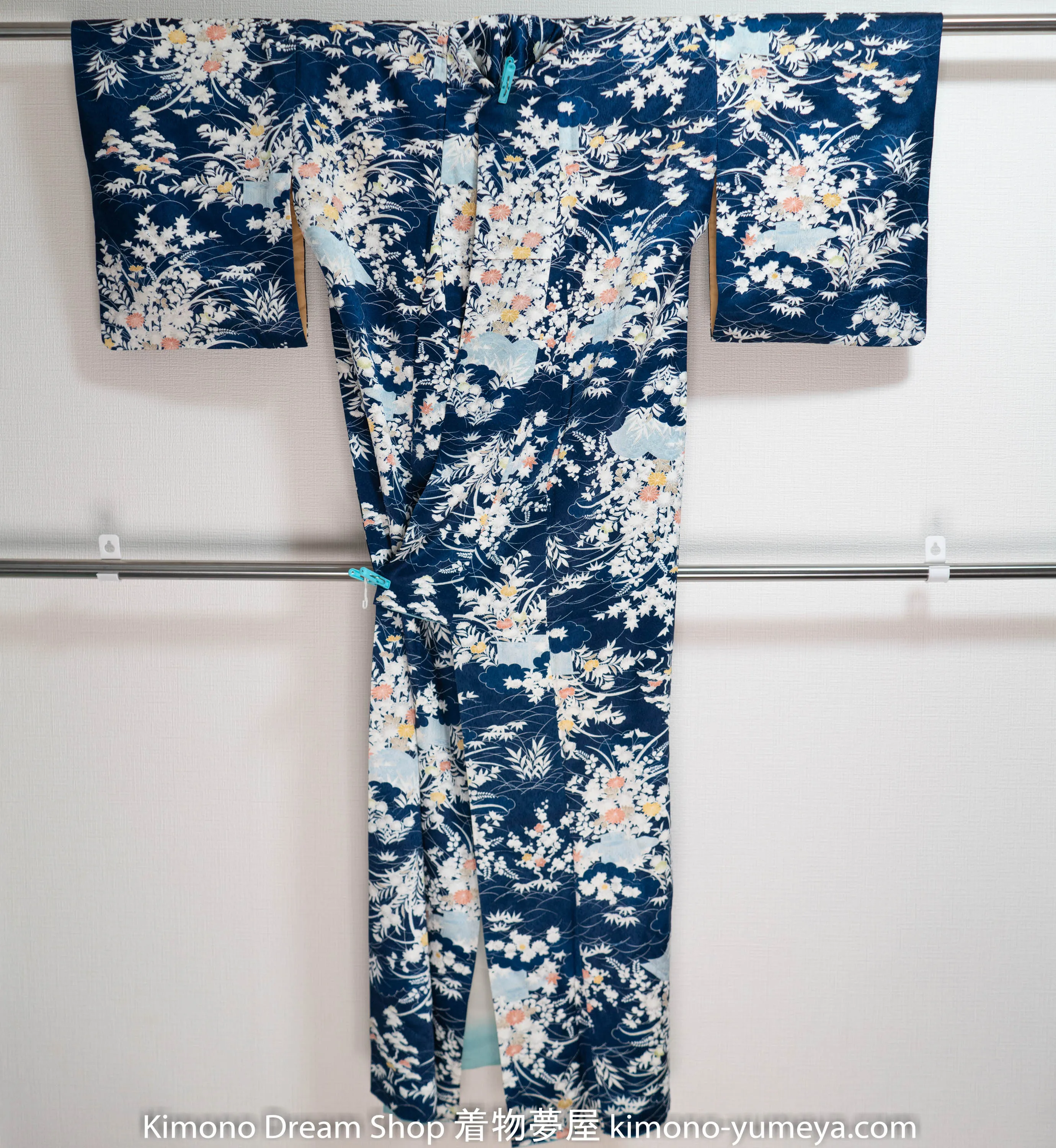 Dark Blue Light Patterns Silk Kimono Genuine Japanese Vintage Chrysanthemums Kiku Bellflowers Kikyo