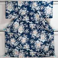 Dark Blue Light Patterns Silk Kimono Genuine Japanese Vintage Chrysanthemums Kiku Bellflowers Kikyo