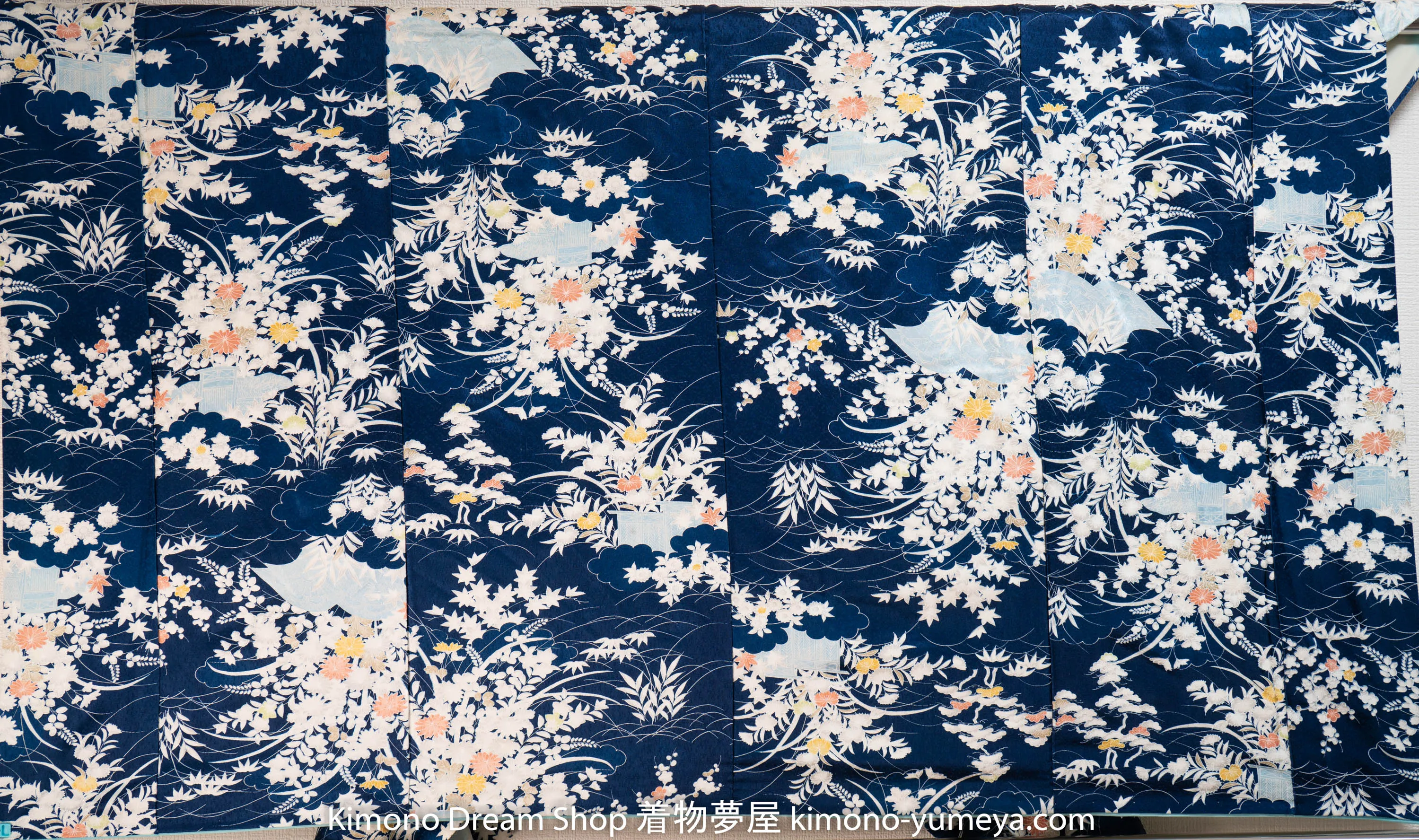 Dark Blue Light Patterns Silk Kimono Genuine Japanese Vintage Chrysanthemums Kiku Bellflowers Kikyo