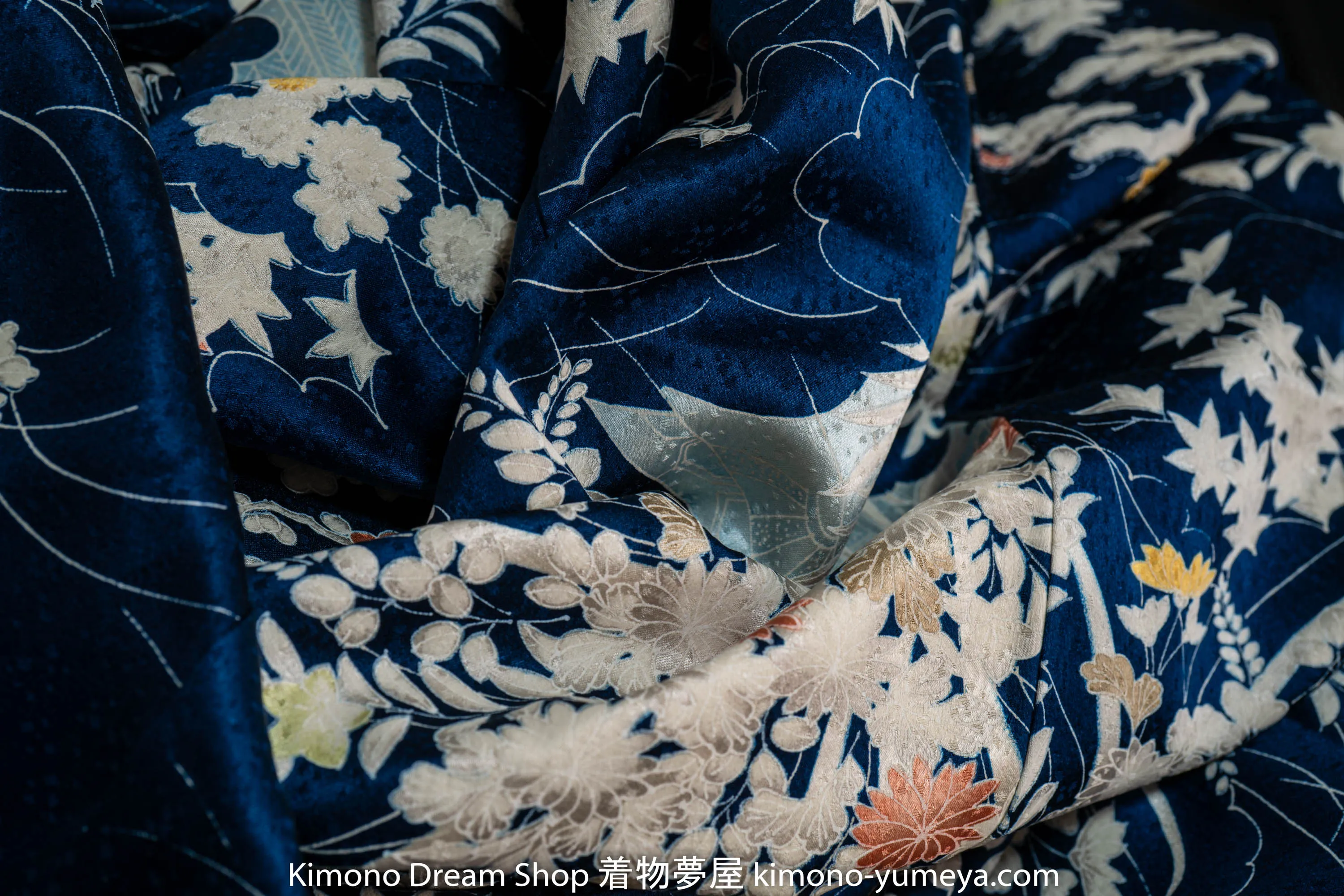 Dark Blue Light Patterns Silk Kimono Genuine Japanese Vintage Chrysanthemums Kiku Bellflowers Kikyo