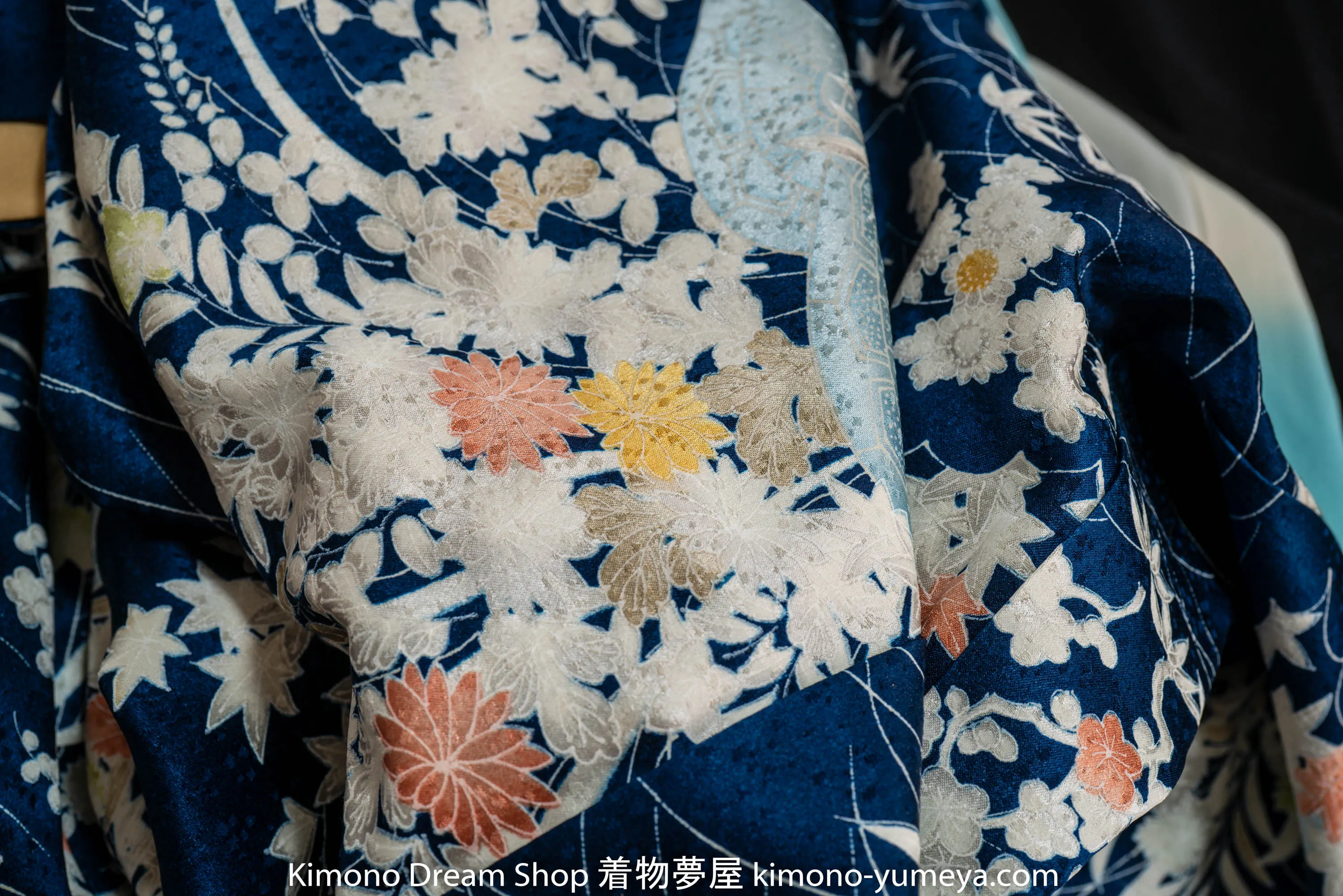 Dark Blue Light Patterns Silk Kimono Genuine Japanese Vintage Chrysanthemums Kiku Bellflowers Kikyo