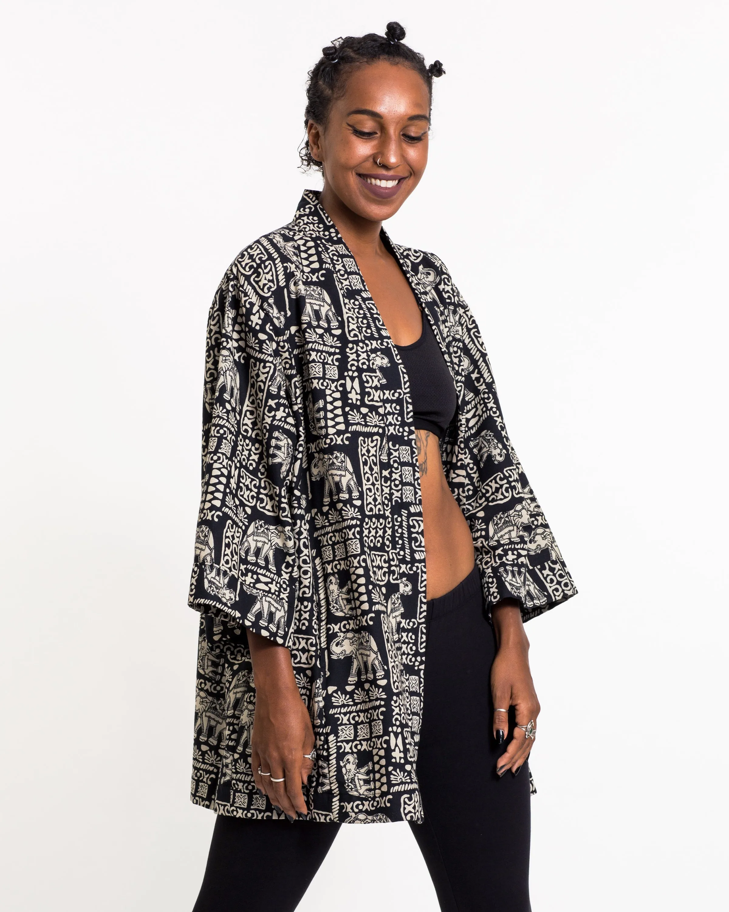 Elephant Print Cotton Kimono Cardigan in Black